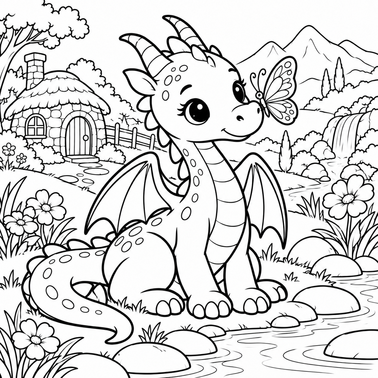 A friendly dragon exploring a valley with a cottage and waterfall