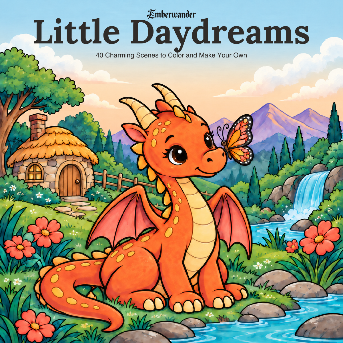 Little Daydreams book cover, featuring an orange dragon in a colorful valley