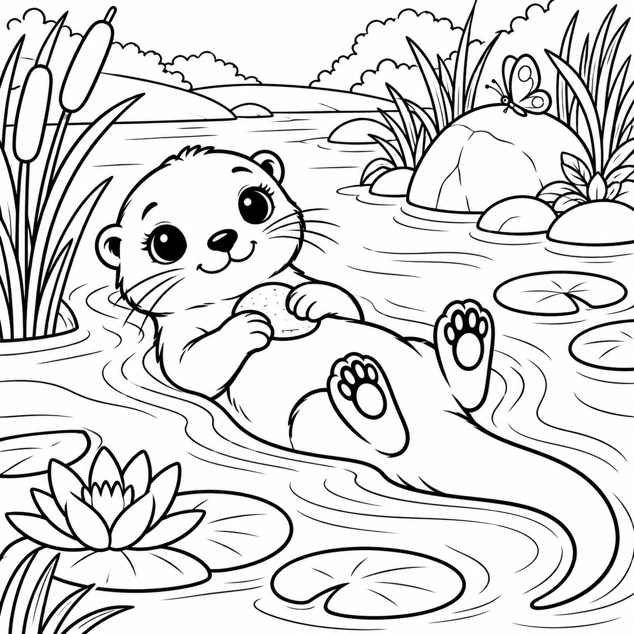 An otter floating among river plants, ready to color
