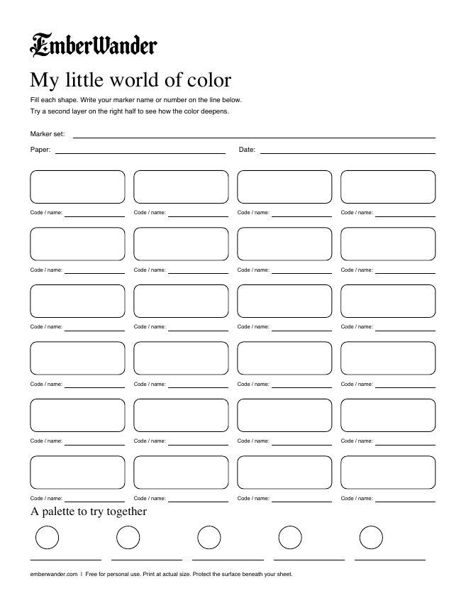Printable Emberwander swatch sheet with 24 blank color boxes and a five-color palette row